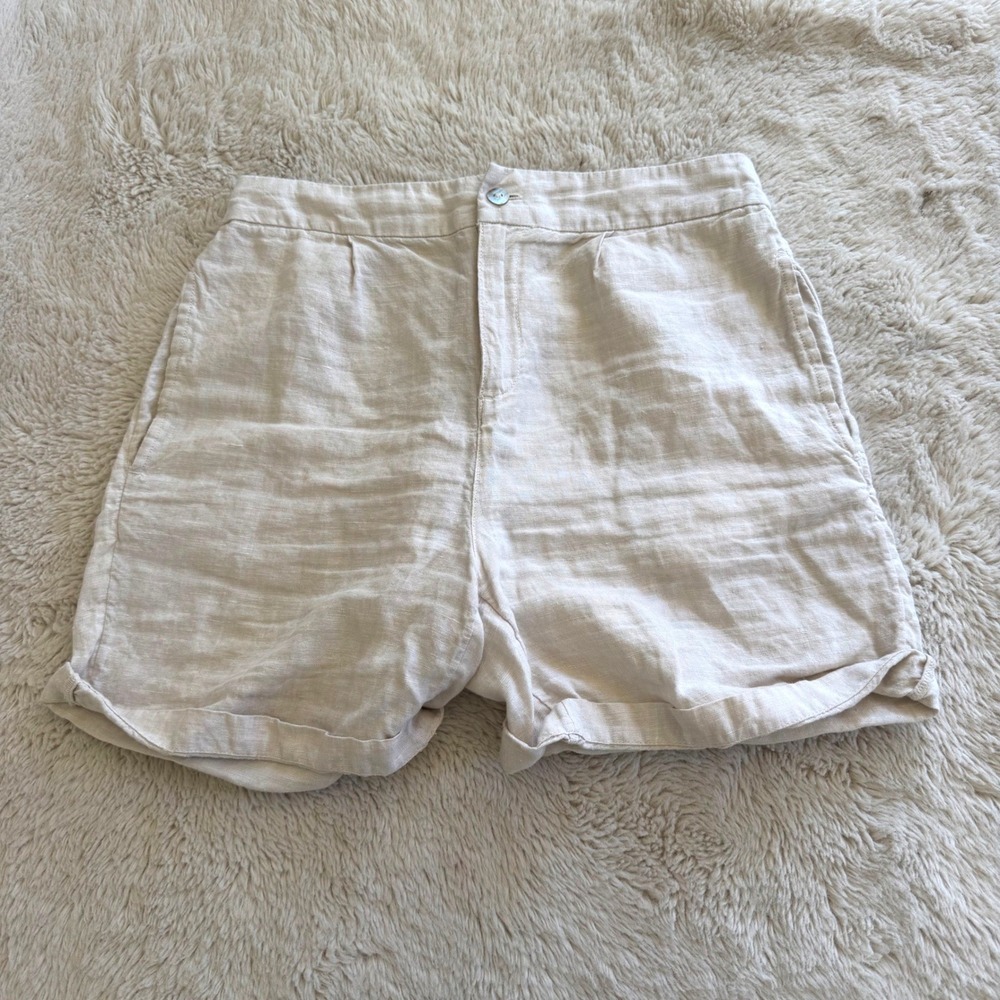 Tahari Womens Medium Beige 100% Linen Cuffed High Rise Shorts‎ Elastic Back